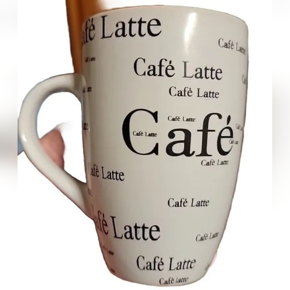 White Café Latte Mug Bold Black Writing Tea Coffee Ceramic White Cup 12oz.